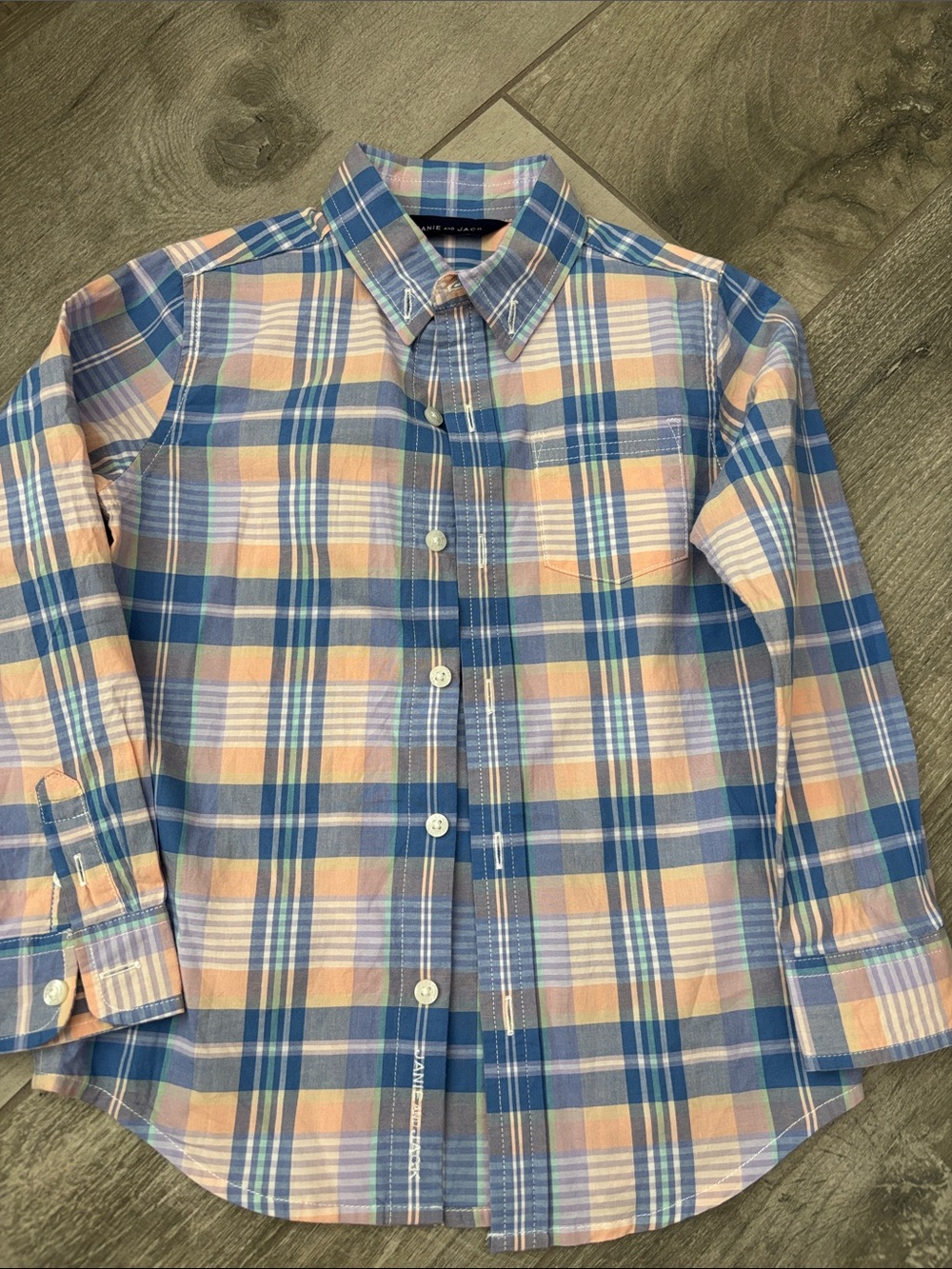 Janie and Jack Blue & Peach Plaid Button-Down Shirt boys size 4